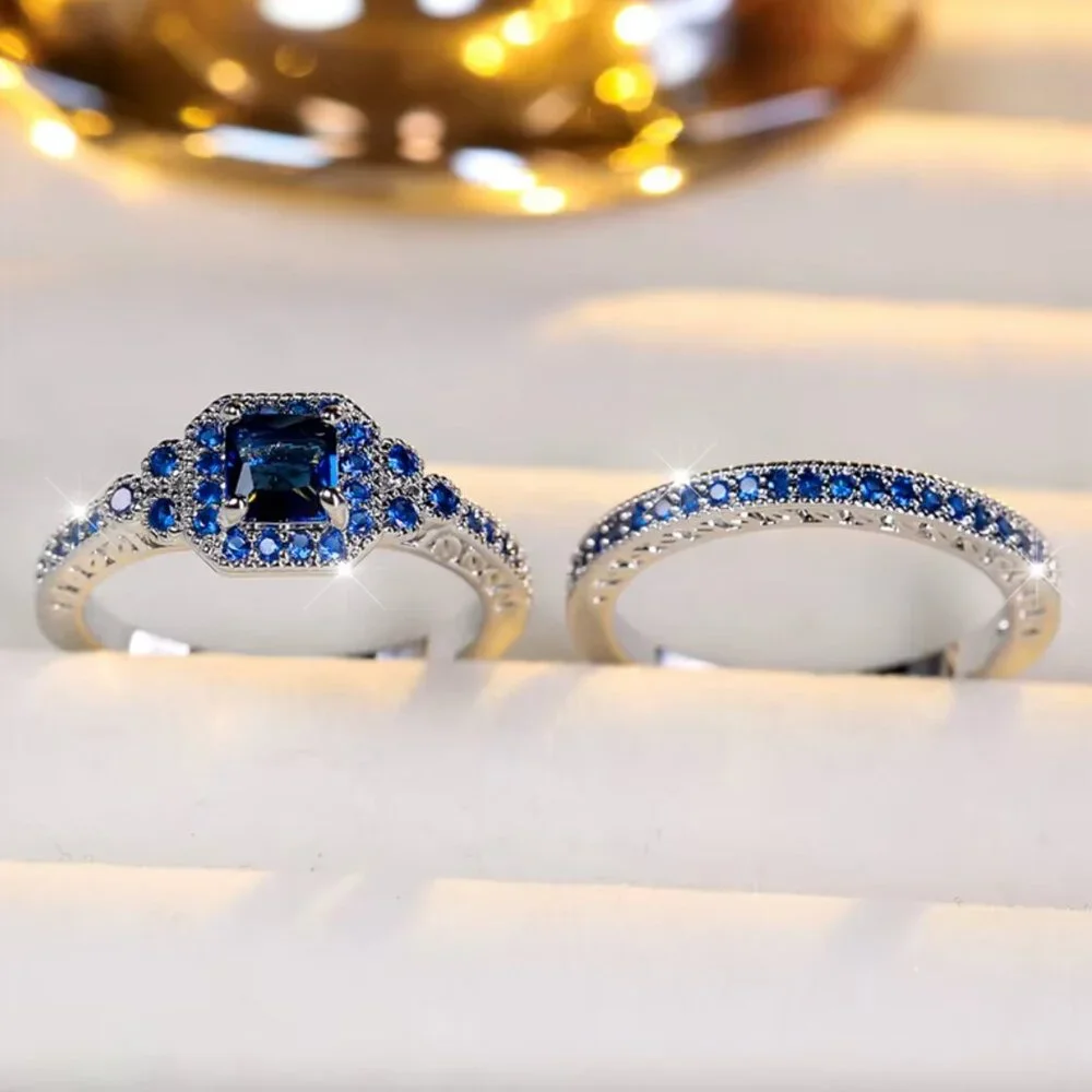 NEW 14k White Gold Blue Sapphire Diamond Ring Band Set of 2 Rings_5
